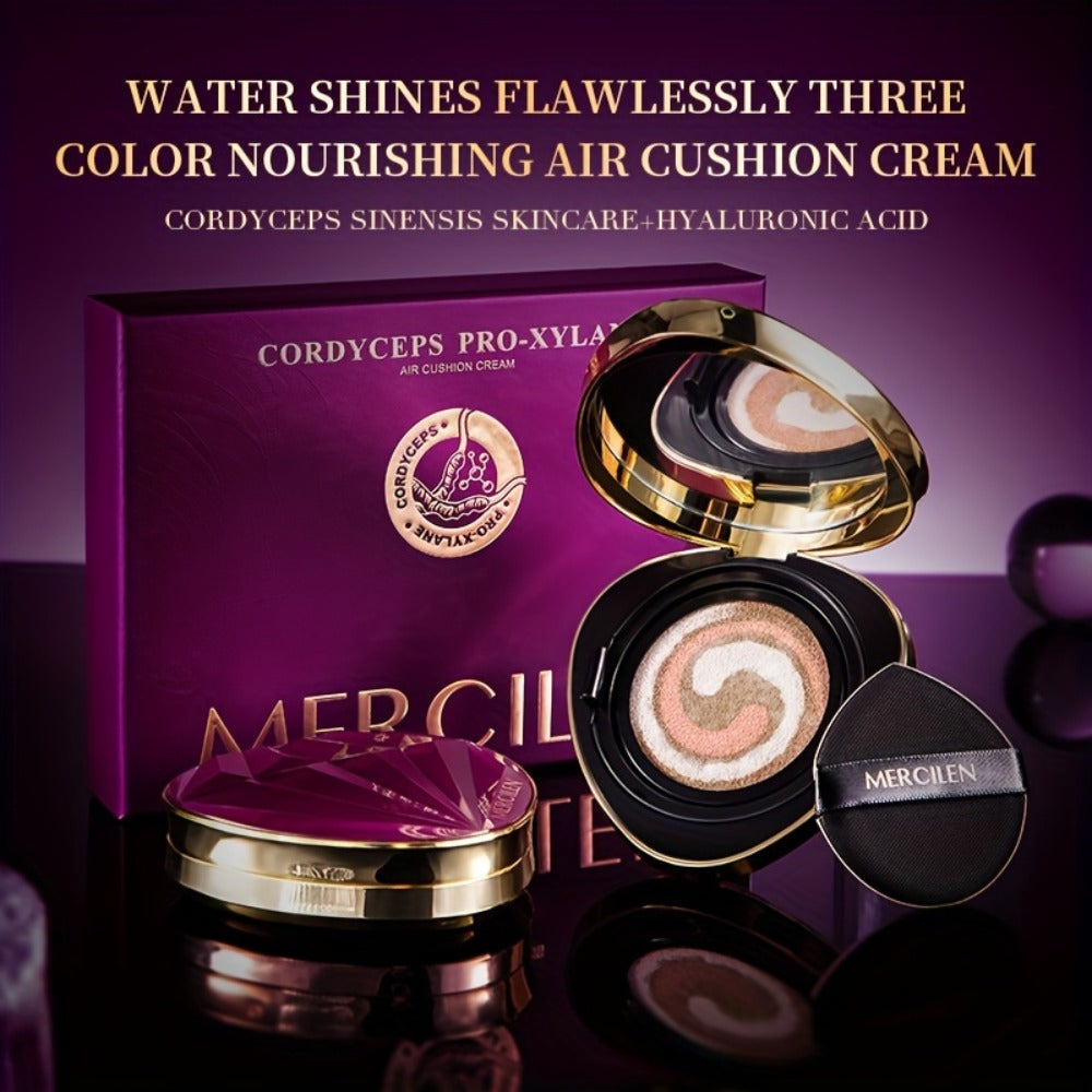 Air Cushion BB Cream Foundation Moisturizing Medium Coverage Dewy Finish with Plant Squalane Glycerin Tri-Color Adaptive Blends All Skin