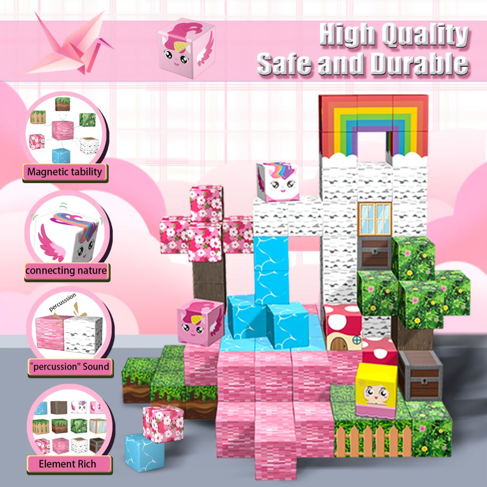 Magnetic Cube Building Set in 48-Piece or 110-Piece Pink, Blue, Green and Brown Fantasy Options