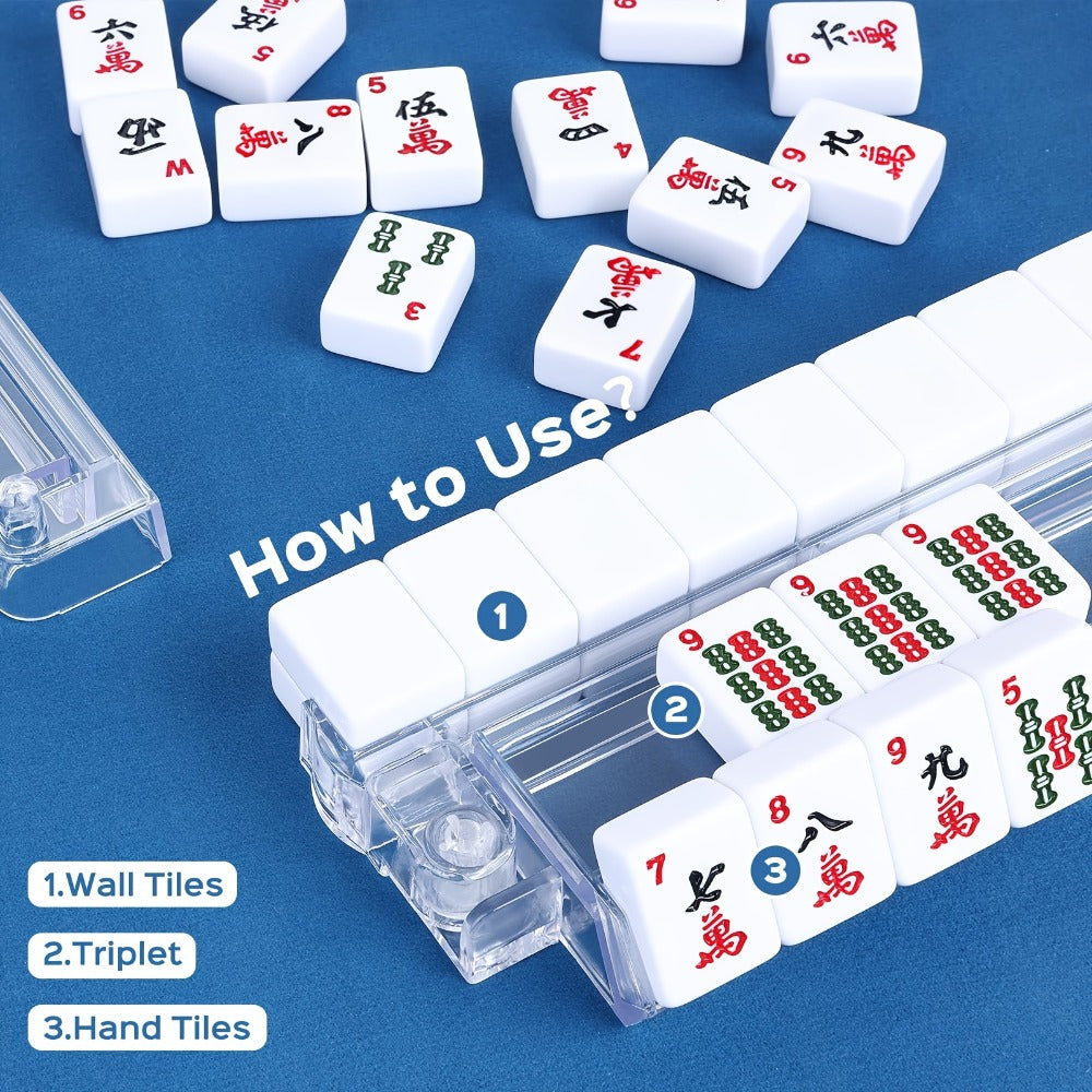 Mahjong Tile Rack and Pusher Set 4pcs Clear Acrylic All-in-One with Storage Bag – Modern American Mahjong Accessories for Game Night