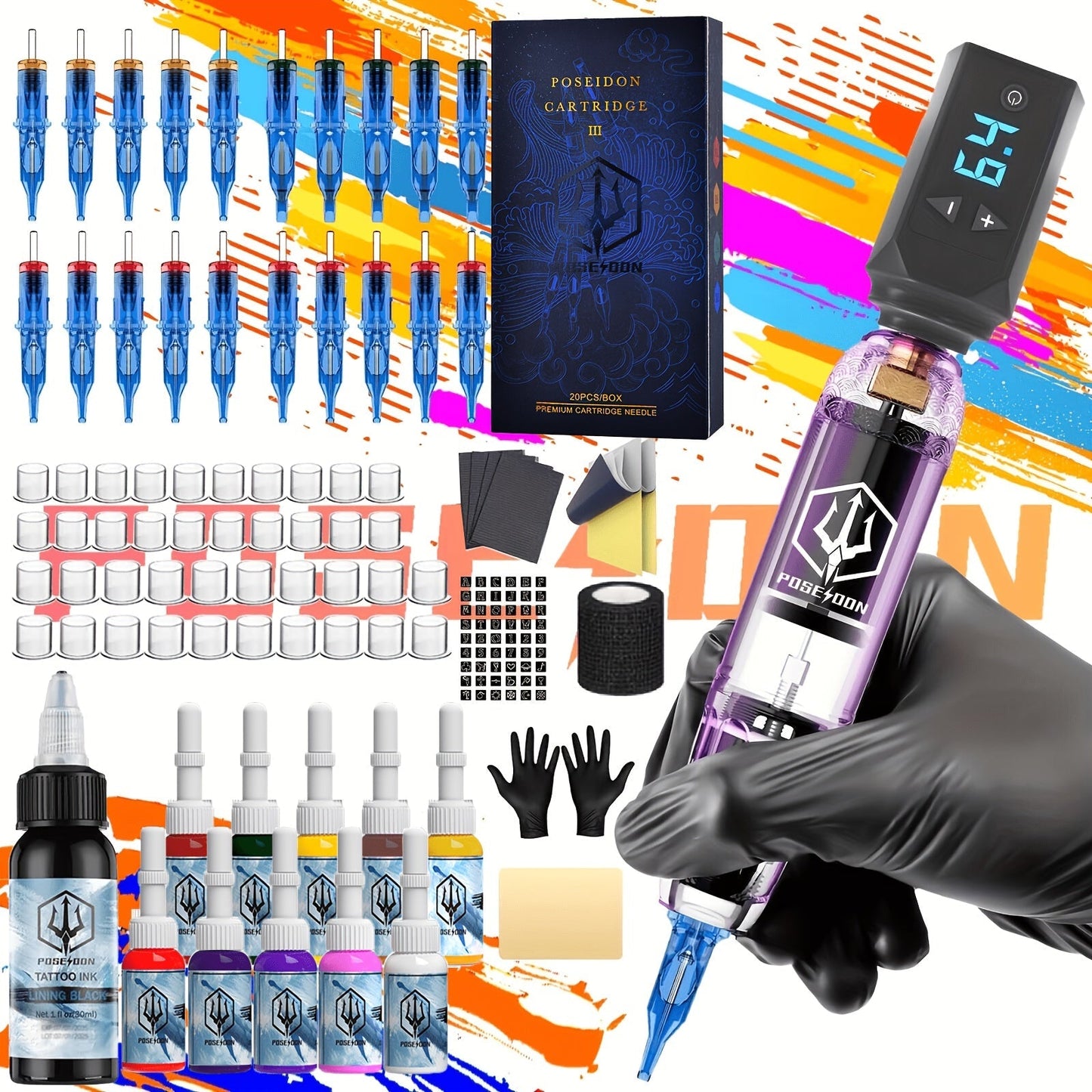 Tattoo Machine Kit POSEIDON SD01 Cordless Pen with 1500mAh Battery, Display, 20 Cartridges and 11 Inks