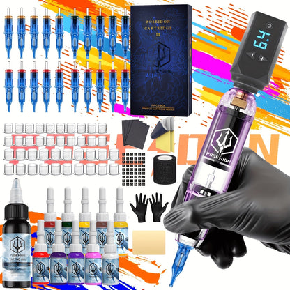 Tattoo Machine Kit POSEIDON SD01 Cordless Pen with 1500mAh Battery, Display, 20 Cartridges and 11 Inks