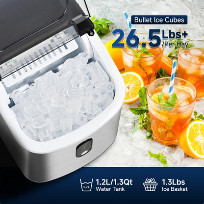 Portable Ice Maker Countertop – Bullet Ice Machine 26-29 Lbs Daily, 9 Ice Cubes in 6 Mins, Self-Cleaning, Quiet Under 45dB, with Handle