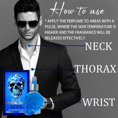 Alcohol-Free Perfume Oil for Men Blue Crystal Skull Bottle 30ml Woody Cologne Portable Travel Fragrance Unique Gift for Him