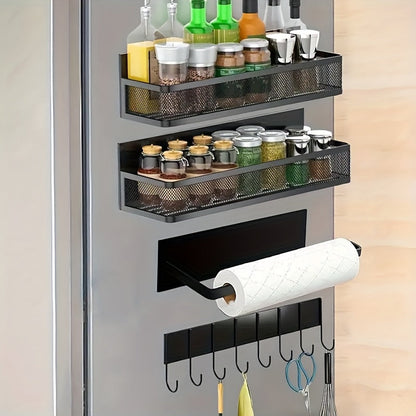 Kitchen Organizer Magnetic Refrigerator Shelf 4-Piece Set with Hooks for Metal Appliance Surfaces
