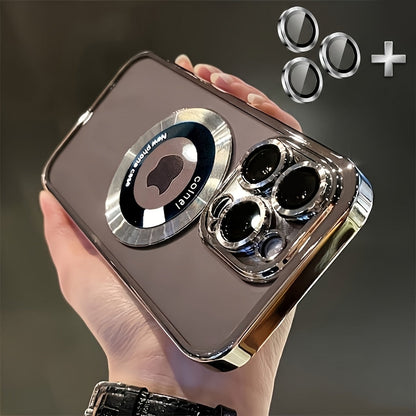 Phone Case Electroplated Clear Back with Built-In Lens Film and Magnetic Qi Charging for Select iPhones