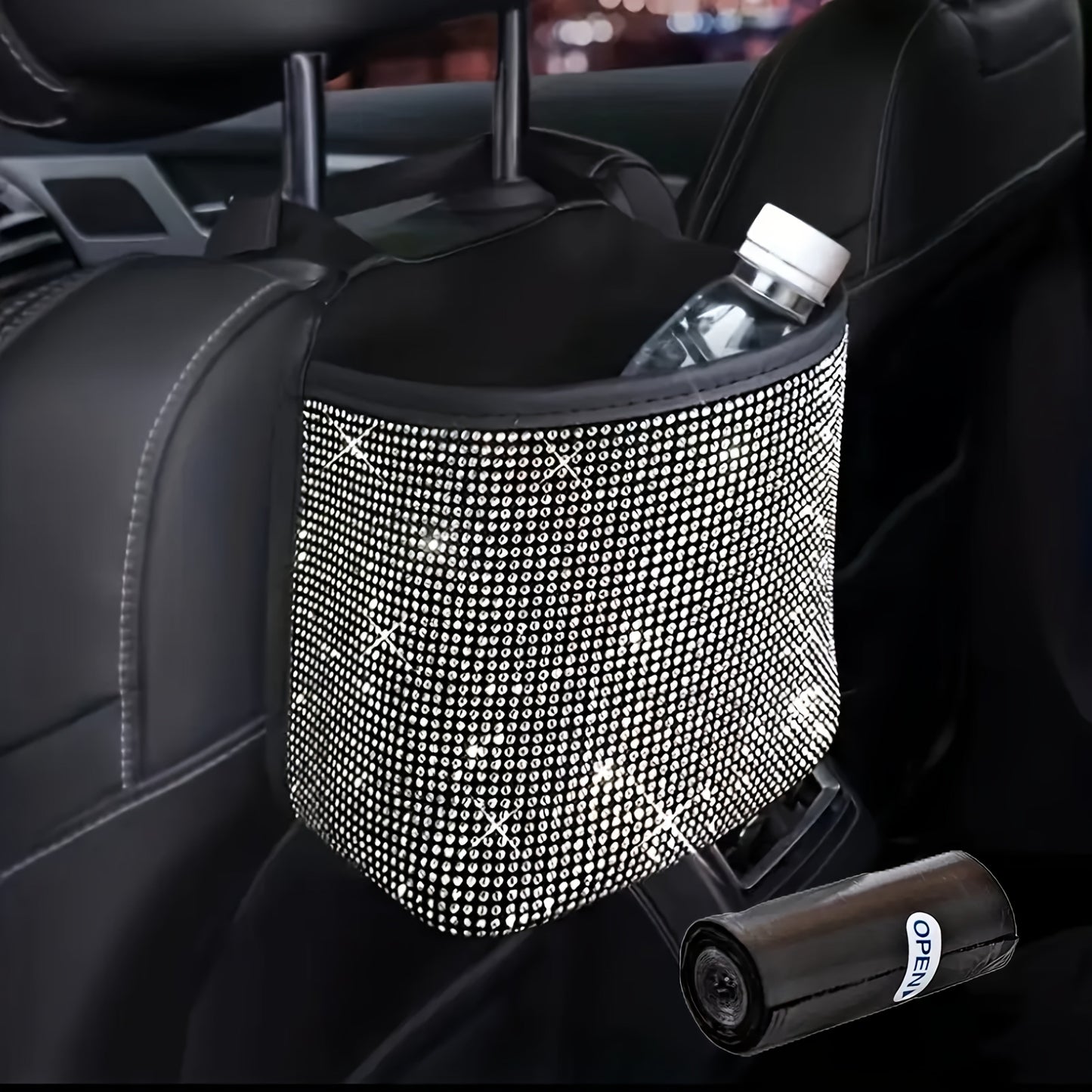 Hanging Rhinestone Car Trash Bin with Seat-Back Strap, 18 × 21 × 10 cm Size and One Liner Bag