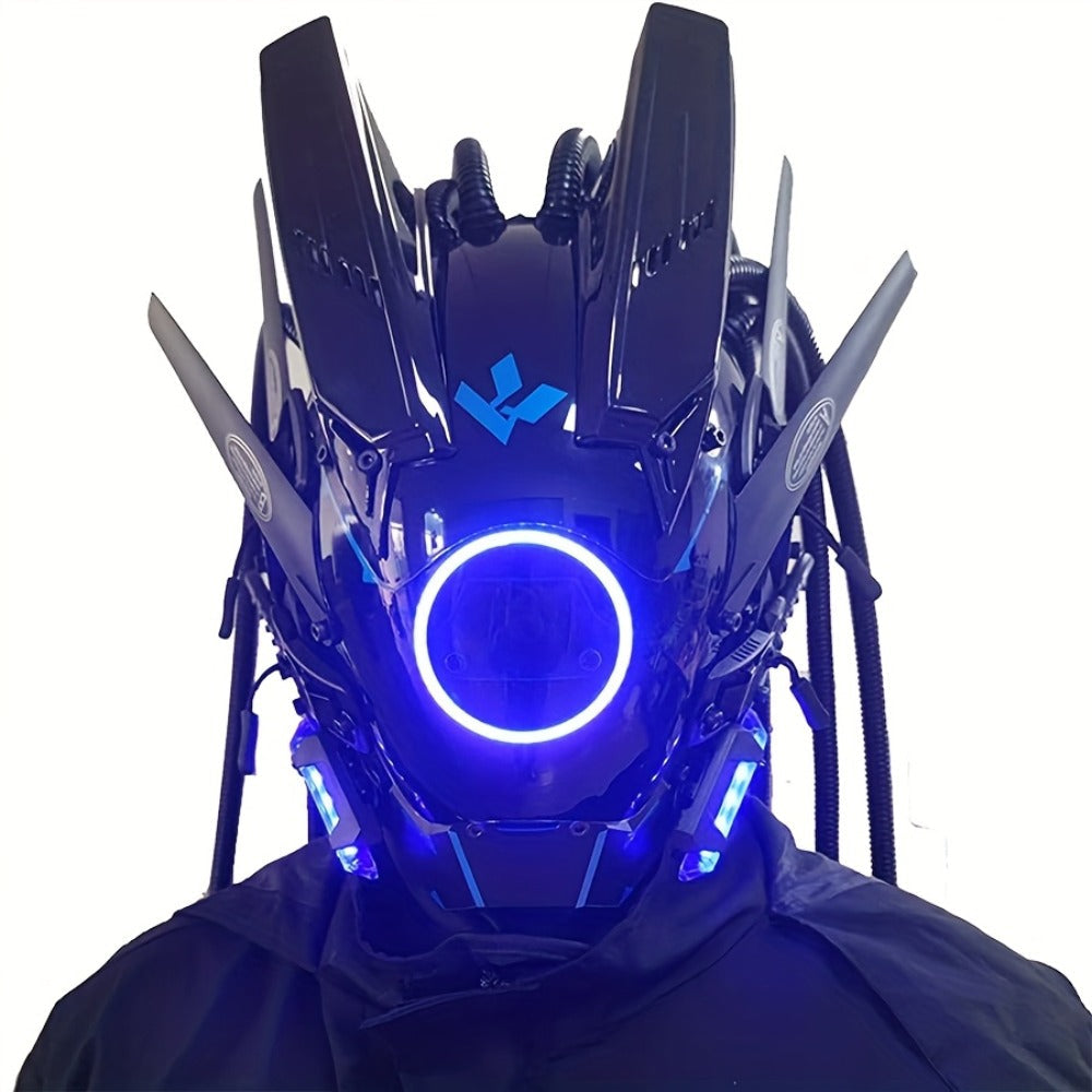 LED Cyberpunk Samurai Mask with Braids, Futuristic Sci-Fi Mechanical Face Mask for Halloween, Cosplay