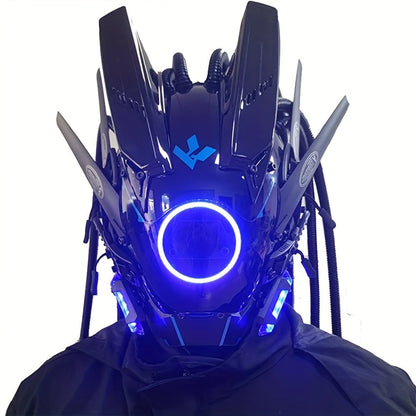 LED Cyberpunk Samurai Mask with Braids, Futuristic Sci-Fi Mechanical Face Mask for Halloween, Cosplay