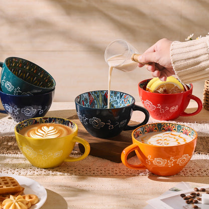 Six-Piece Colorful Patterned Coffee Mug Set with Wide Bowl Shape and 14-Ounce Image Marking