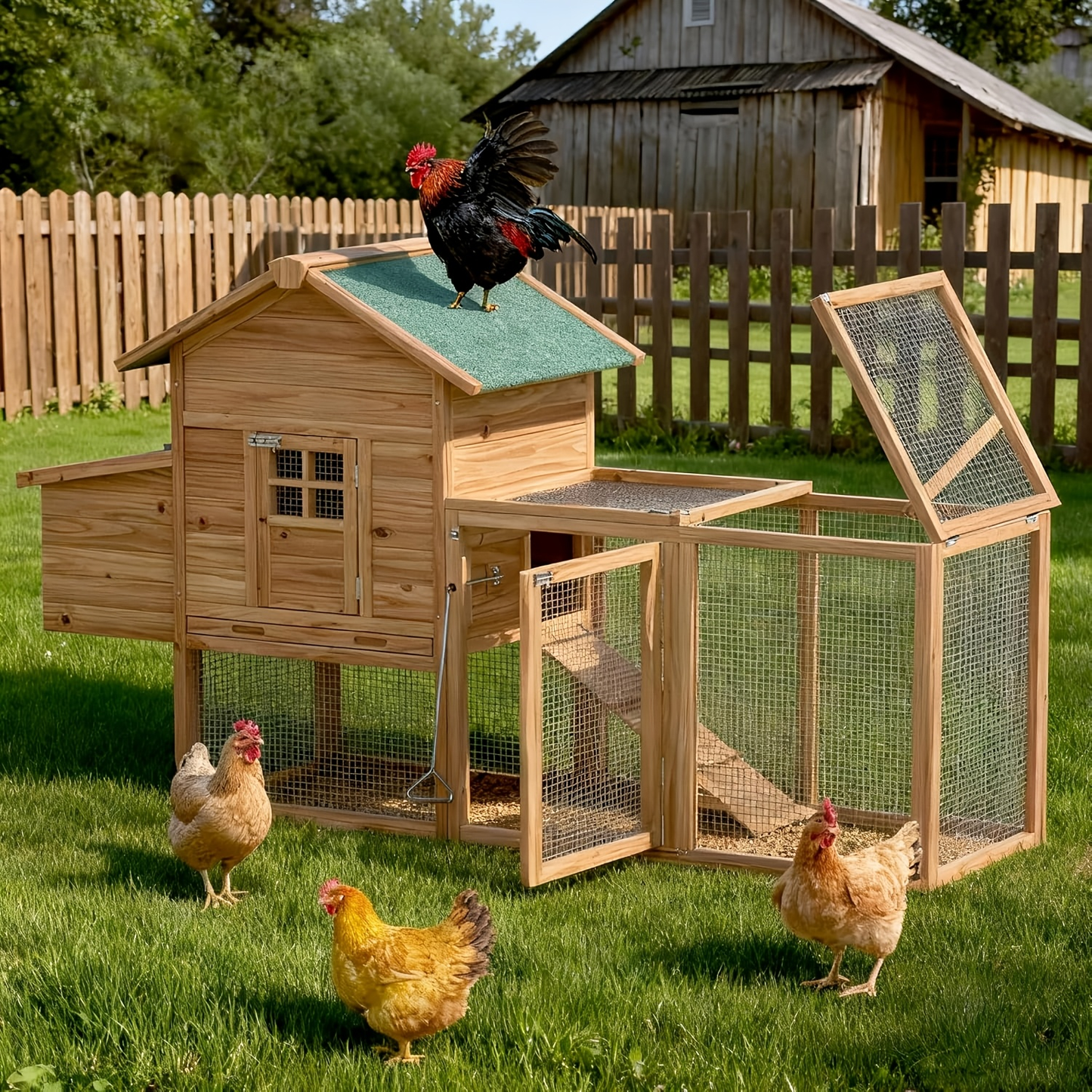 Chicken Coop with Run Large Outdoor Wooden Hen House 82 Inch Walk-in Poultry Cage for 2-4 Chickens Ducks for Garden, Patio and Yard Use