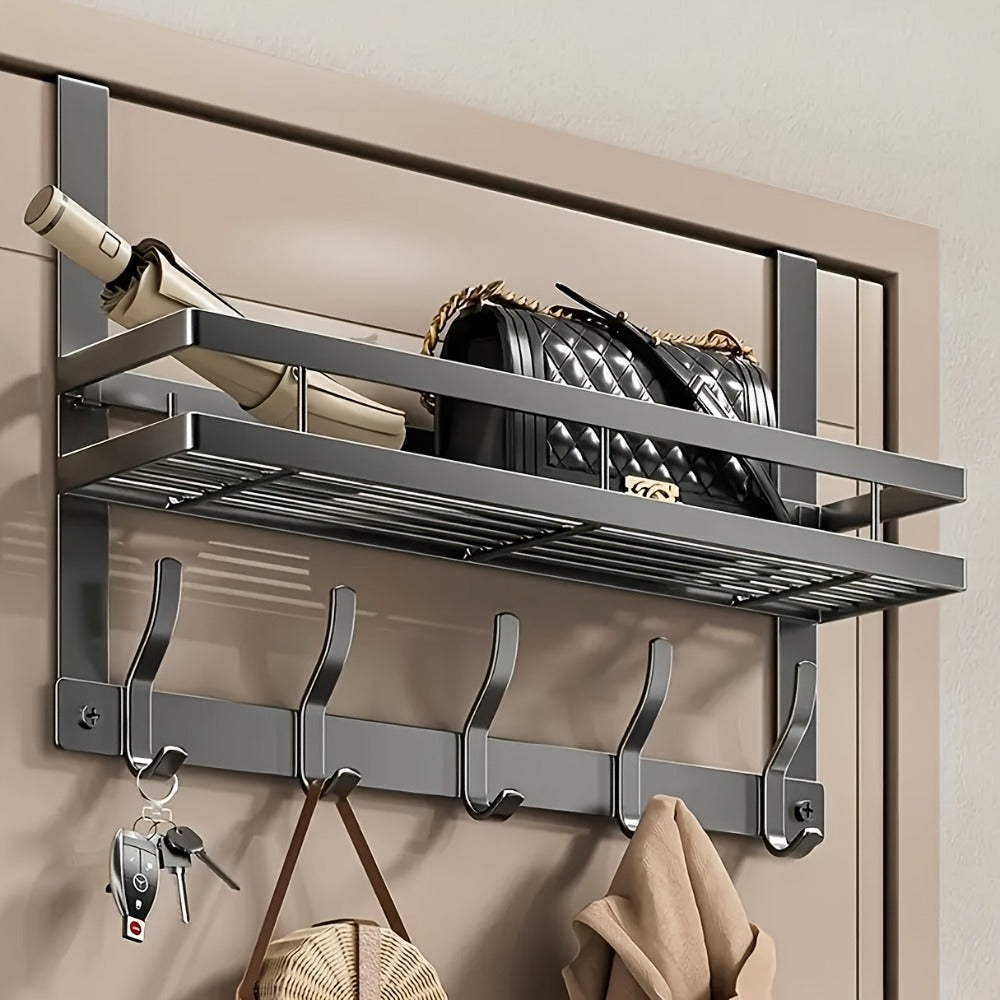 Over-the-Door Storage Rack with Metal Basket Shelf, 4 to 8 Hooks and Gray or Black Length Options