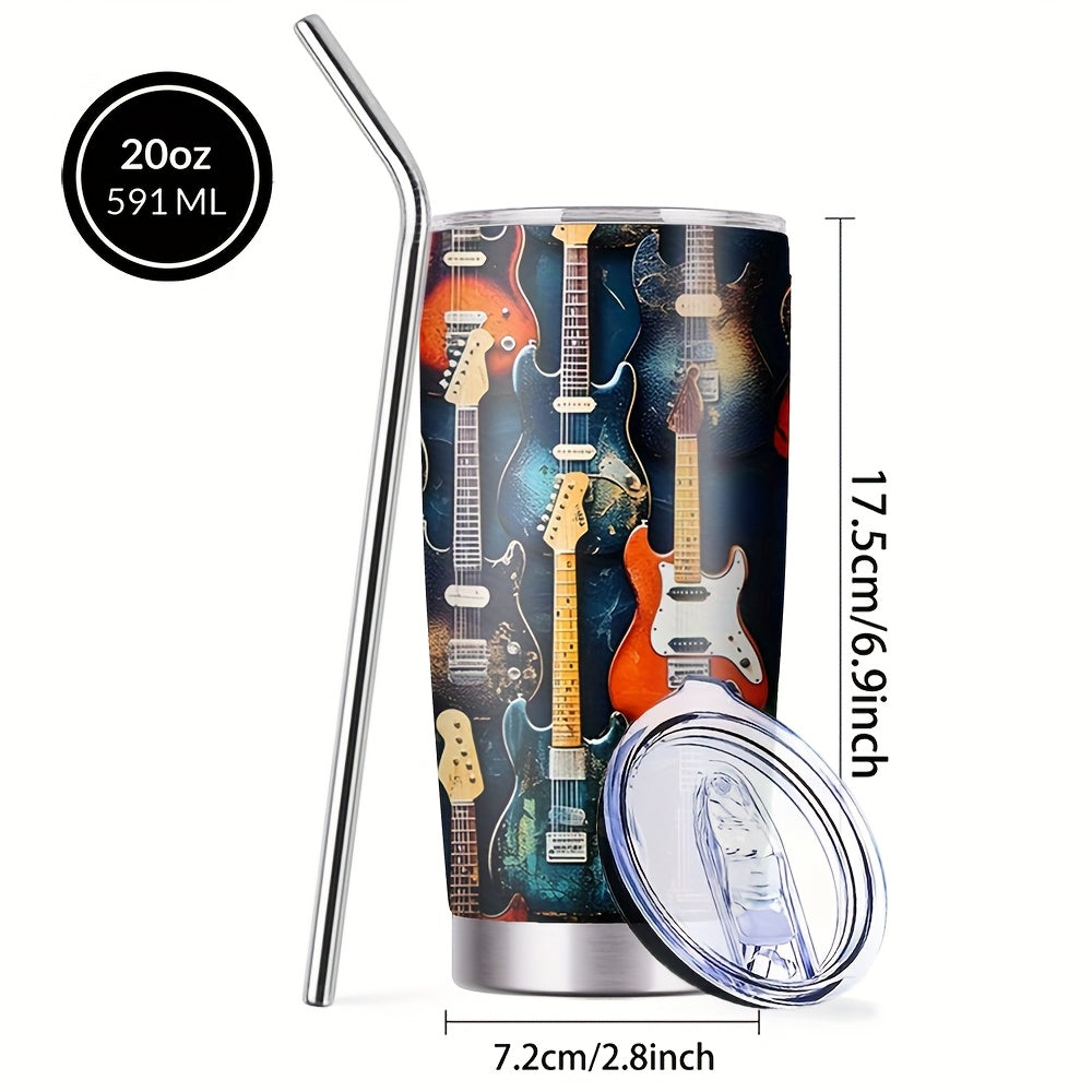 Insulated Tumbler 20oz Guitar Pattern Stainless Steel Travel Mug with Lid and Straw Double for Entryways, Bedrooms and Living Spaces