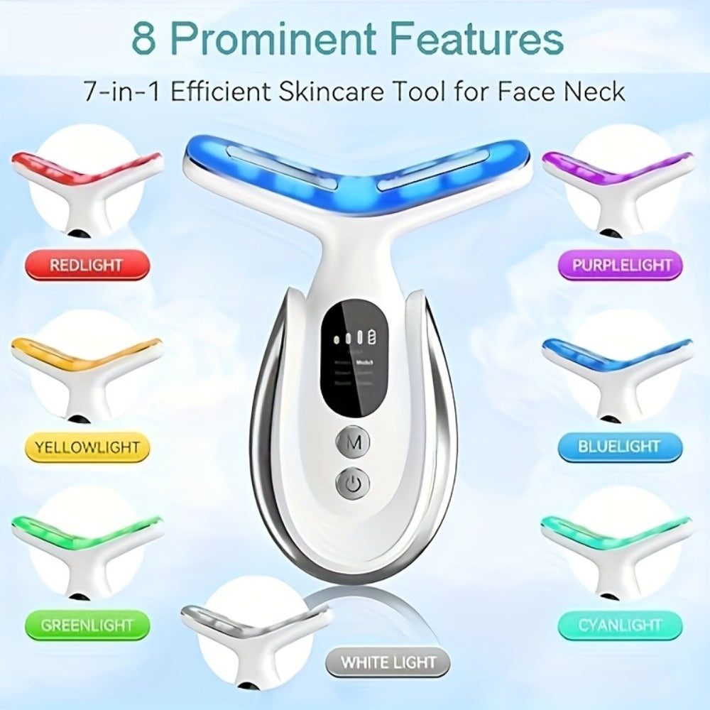 Face & Neck Massager 7-in-1 LED Light Therapy USB Rechargeable - Multifunctional Facial Lifting Wrinkle for Home or Salon Spa Use