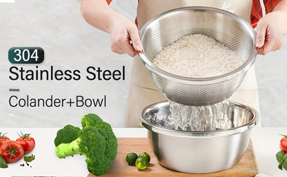 Stainless Steel Colander with Mixing Bowl Set 304 Food Grade Strainer Bowl for Washing for Home Cooking, Dining and Outdoor Meals
