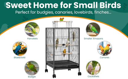 Bird Cage with Rolling Stand Open Top 31 Inch Wrought Iron Black – Slide Out Tray Feeder Doors, for Everyday Bird and Small Animal Care
