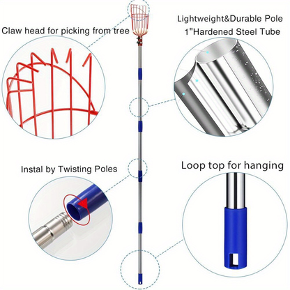 8FT Fruit Picking Pole with Basket, Height-Adjustable Tree Picker for Apples, Mangoes, Lemons, Oranges and Orchard Harvesting