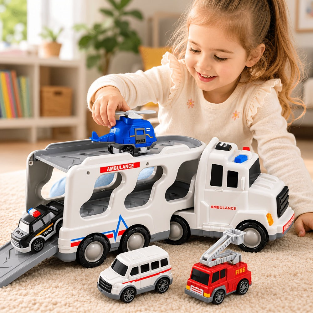 Ambulance Carrier Truck Toy Set 5-in-1 with Light & Sound for Kids Ages 3-8 with the Listed Color, Size or Set Options for Everyday Use