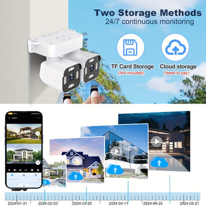 Dual-Lens PTZ Outdoor Security Camera with 2.4GHz WiFi, Wired Power and Single- or Two-Camera Options