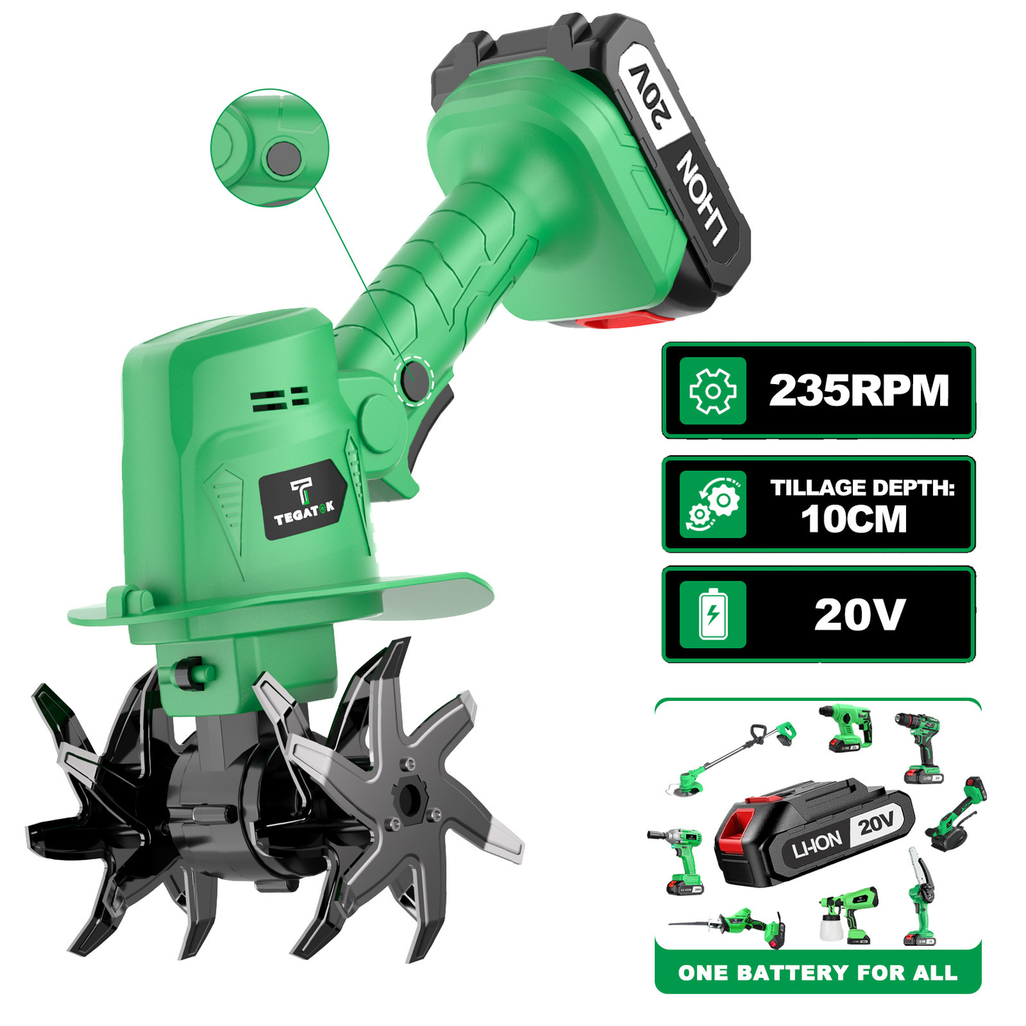 Cordless Electric Tiller 20V Handheld - 9-Inch 235RPM Garden Cultivator with Handle, Metal Soil Tiller for Weeding