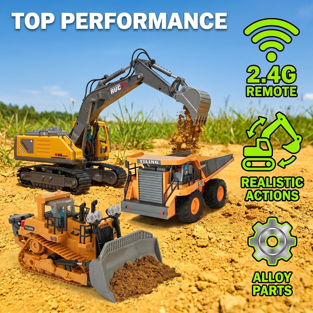 RC Bulldozer 1:24 Scale Alloy with 680° Rotation & Working Arm, 2.4GHz Remote Control Construction Vehicle for Kids