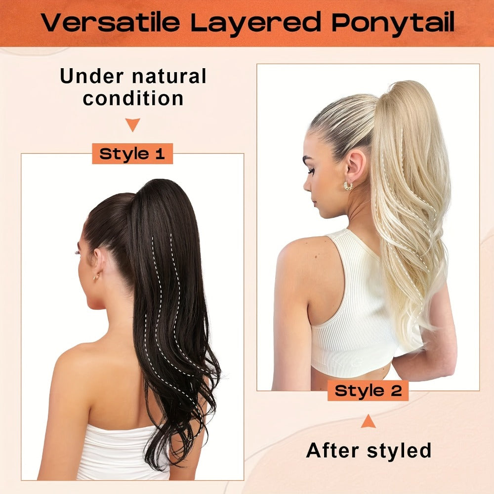 Drawstring Ponytail Extension for Women Long Wavy Layered Wrap Around Clip In Synthetic Pony Tail 26 Inch No Glue No Heat Blonde Brown Ash