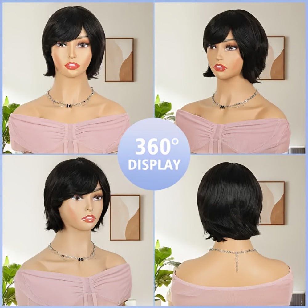 Pixie Cut Wig Human Hair with Bangs Glueless Short Brazilian Layered Machine Made Throw-On-and-Go Hairpiece Natural Black 1B Medium Brown #4