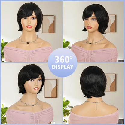 Pixie Cut Wig Human Hair with Bangs Glueless Short Brazilian Layered Machine Made Throw-On-and-Go Hairpiece Natural Black 1B Medium Brown #4