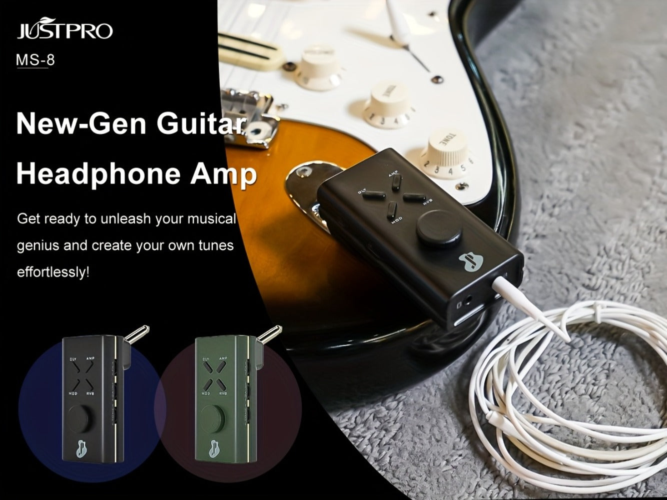 JUSTPRO Pocket Guitar Headphone Amp with 6 Amp Modules and 24 Guitar Effects for Bedside Audio, Alarms and Room Entertainment