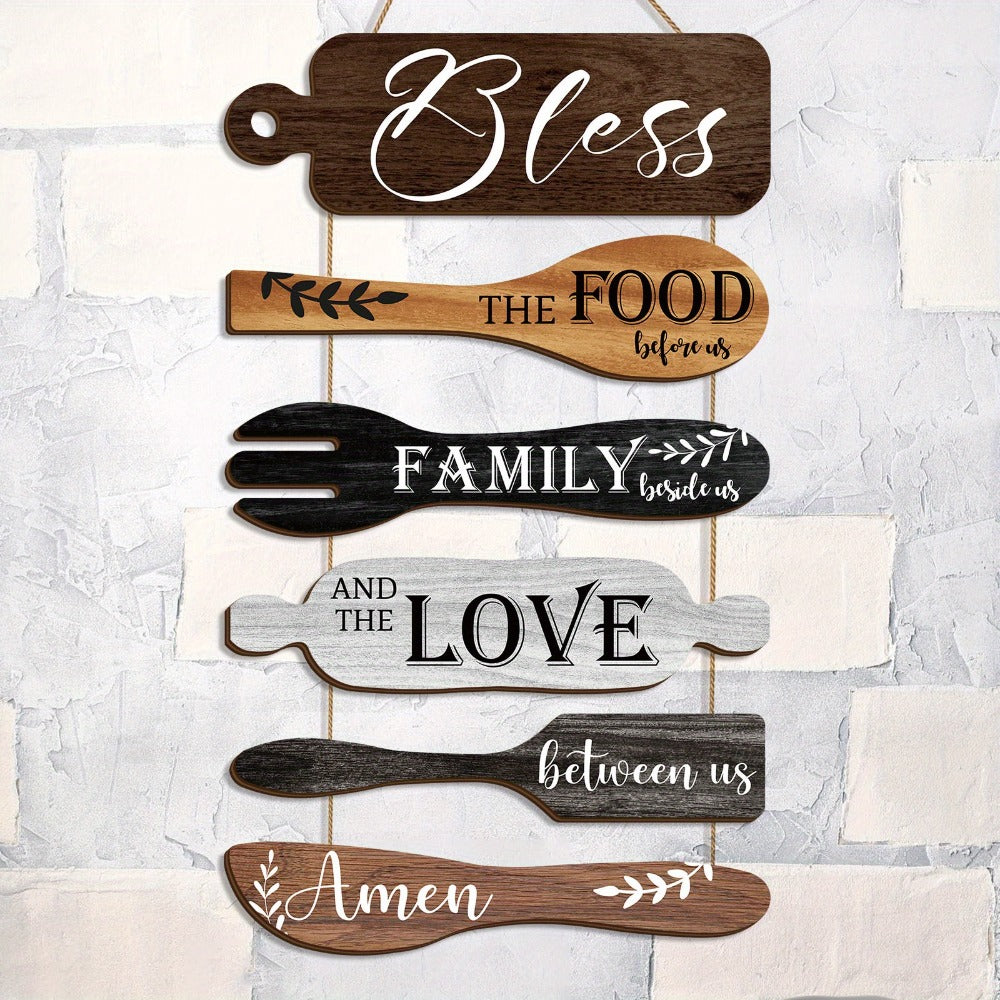 Farmhouse Wall Decor Wood Sign Set – "Bless The Food Before Us" Rustic Kitchen Dining Room Hanging Plaque