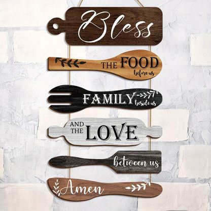 Farmhouse Wall Decor Wood Sign Set – "Bless The Food Before Us" Rustic Kitchen Dining Room Hanging Plaque
