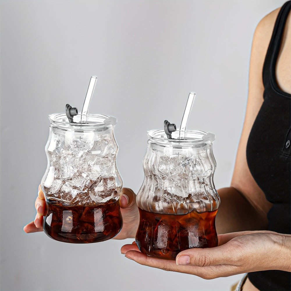 Cloud-Shaped Glass Cup Drinkware Set, 18oz U-Curve Cups with Glass Straws, Brushes and Lid Options in 4 or 6 Pieces