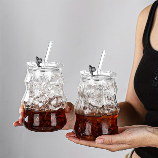 Cloud-Shaped Glass Cup Drinkware Set, 18oz U-Curve Cups with Glass Straws, Brushes and Lid Options in 4 or 6 Pieces