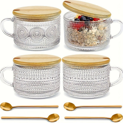 Glass Coffee Cups Set of 4 with Bamboo Lids and Spoons 450ml Vintage Embossed Iced Coffee Glasses for Cappuccino Latte Overnight Oats
