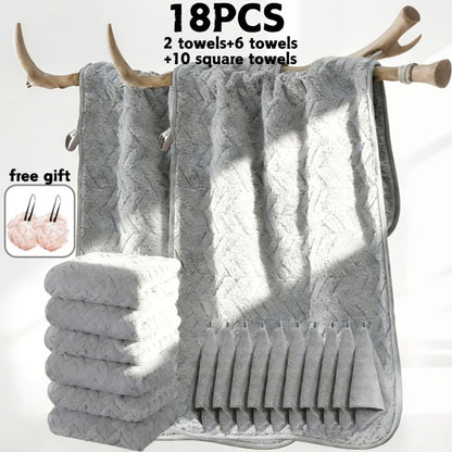 Bath Towels Set 18 or 20 Piece Coral Fleece Mix with Washcloths and Bath Ball in Multiple Colors