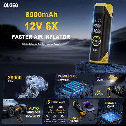 OLGEO M9 180 PSI Cordless Tire Inflator with 8000mAh Battery, Digital Gauge, LED Light and Nozzle Set