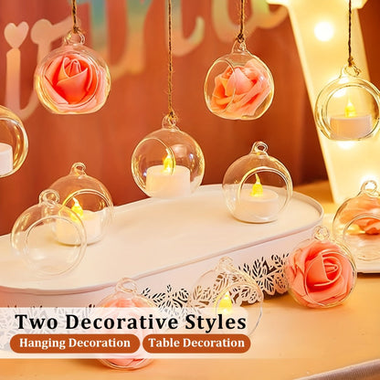 Hanging Glass Ball Candle Holders Set for Wedding Party Christmas Tree Decoration - Clear Glass Tea Light Holders with Hanging Design