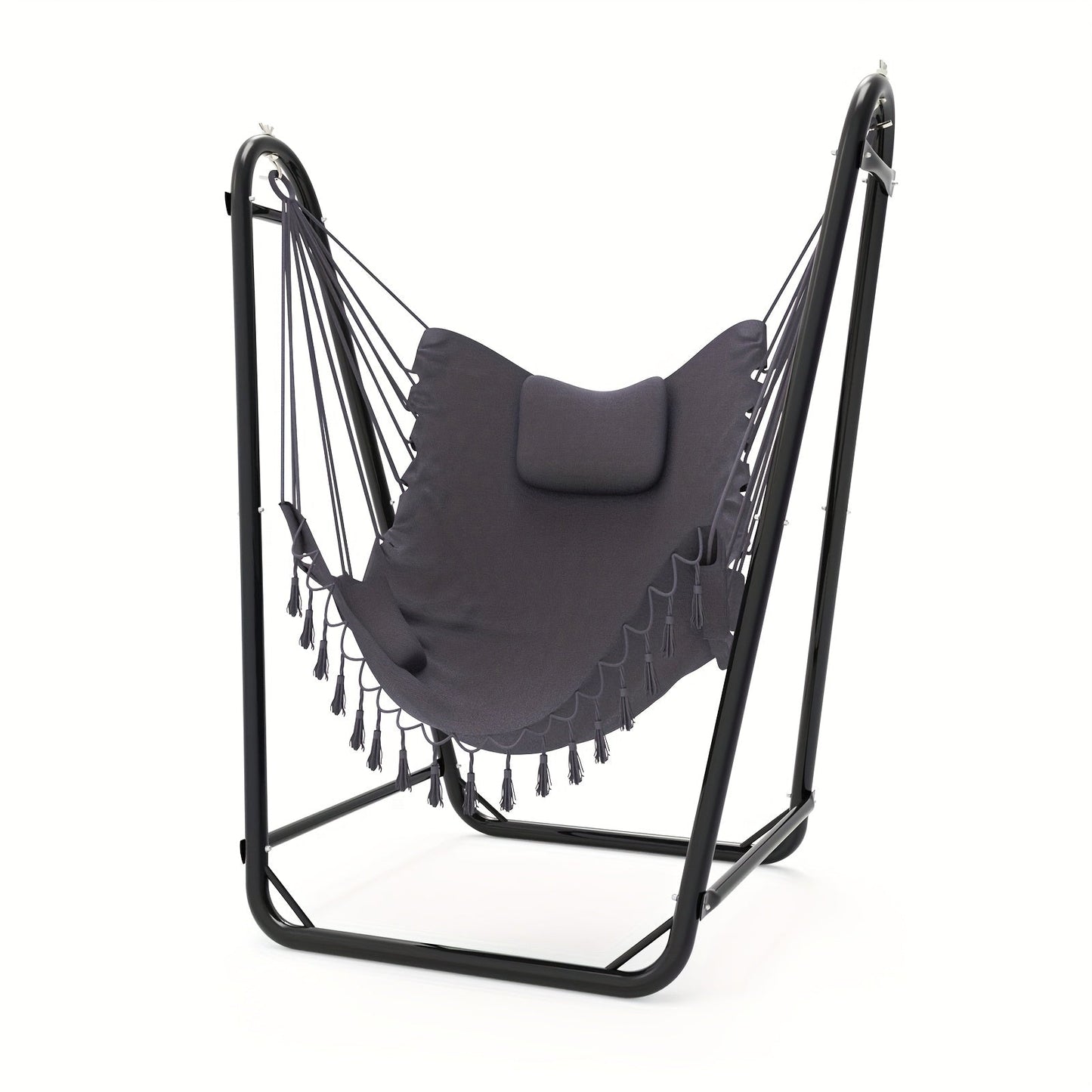U-Shaped Hammock Chair Stand with Free Hanging Chair, Double Tube Steel Frame, Powder Coat, Side Pocket Included