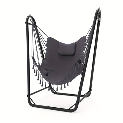 U-Shaped Hammock Chair Stand with Free Hanging Chair, Double Tube Steel Frame, Powder Coat, Side Pocket Included