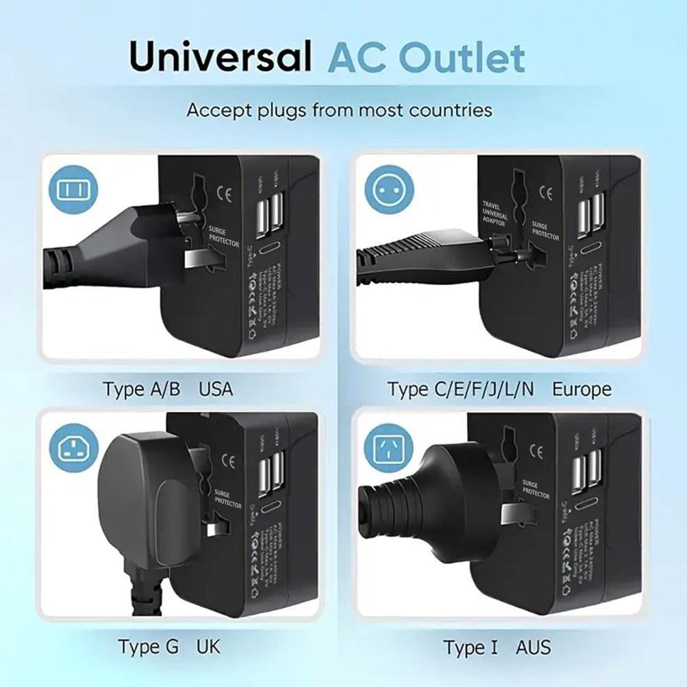 Universal Travel Adapter with Surge Protection - 2 USB & Type-C Ports, All-in-One International Plug for 350+ Countries