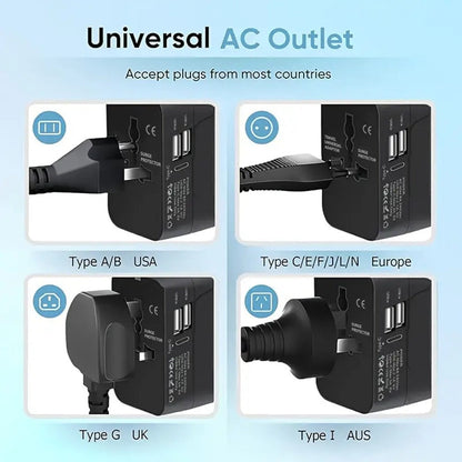 Universal Travel Adapter with Surge Protection - 2 USB & Type-C Ports, All-in-One International Plug for 350+ Countries