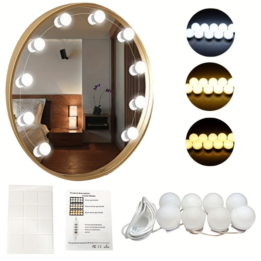 LED Vanity Mirror Light for Makeup, USB Powered 8-Bulb Mirror Lamp with 3 Color Temperatures, Adjustable Brightness & Spacing