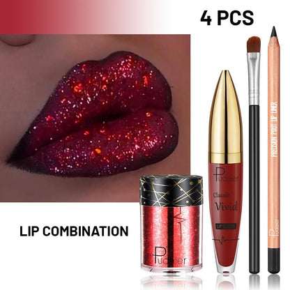 Four-Piece Glitter Lip Art Set with Loose Glitter Pot, Color Tube, Liner Pencil and Applicator Brush