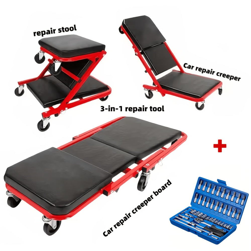 Mechanic Creeper 36-Inch Z-Crawl Folding – Adjustable Load Board, 6-Wheel 2.5" Rolling Garage Repair Seat