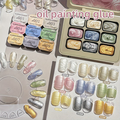 Pearlescent Nail Gel 9-Grid Shell Shimmer Mother of Pearl Cream Oil Painting Gel Polish Set – Multicolor Glitter Iridescent Spiral Design