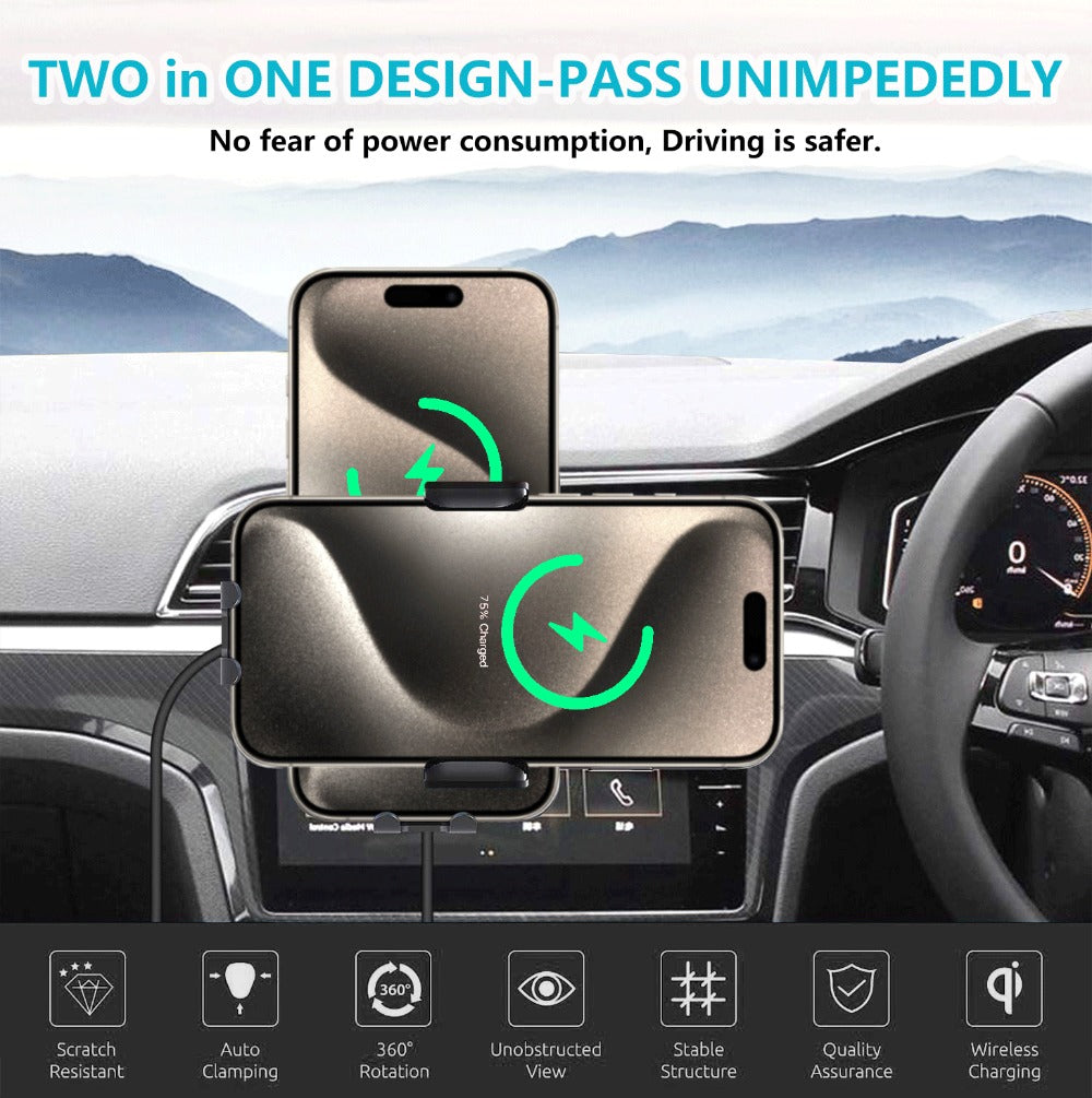 15W Auto-Clamping Wireless Car Phone Mount with Dashboard Suction Base and Blue or Gold Finish
