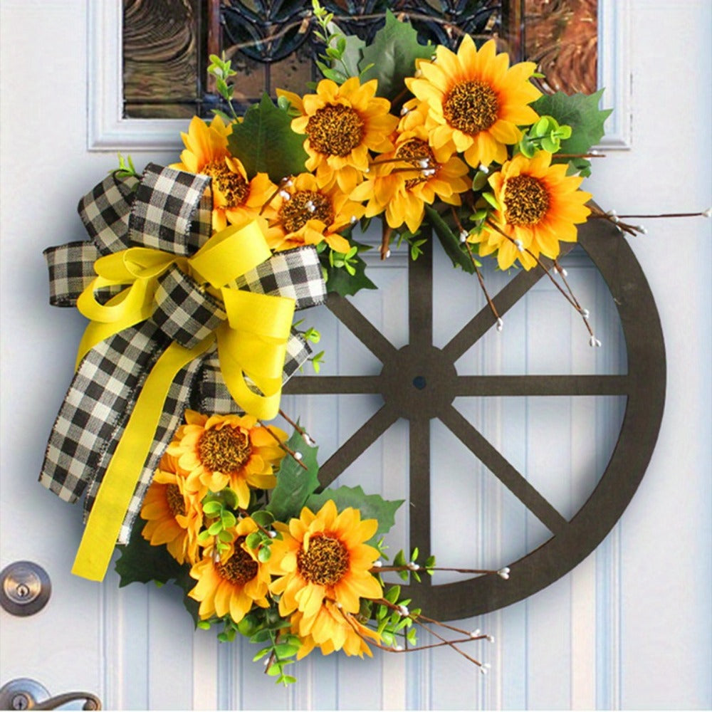 Sunflower Bow Wreath for Front Door - Handcrafted Thanksgiving Wreath with Natural Look, Fall Seasonal Home Decor