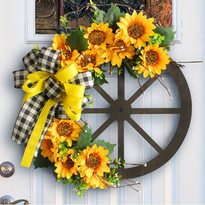 Sunflower Bow Wreath for Front Door - Handcrafted Thanksgiving Wreath with Natural Look, Fall Seasonal Home Decor