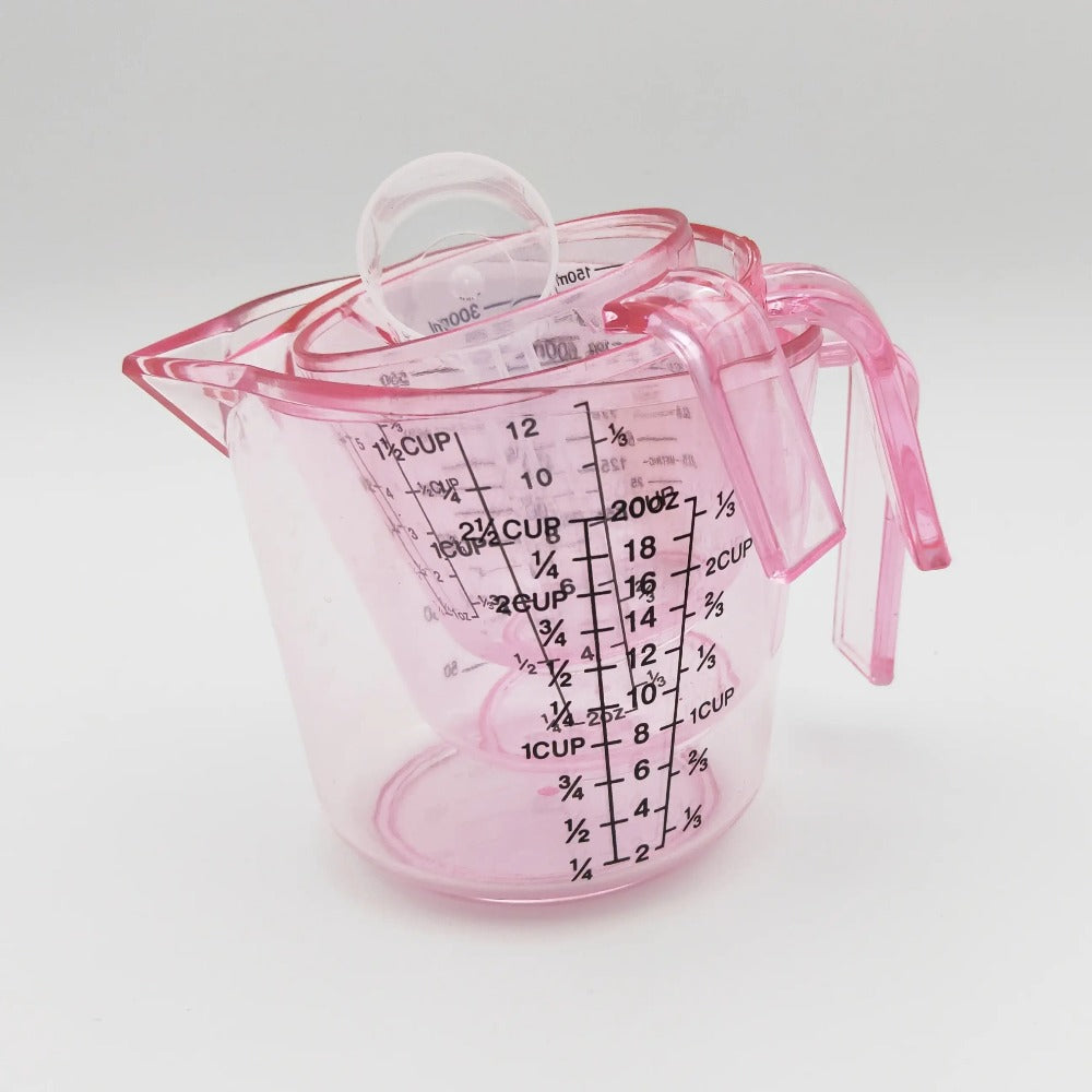Measuring Cups and Spoon Set 4pcs – Pink Transparent Baking Measuring Cup Kit with ML OZ Cup Markings, PS Material