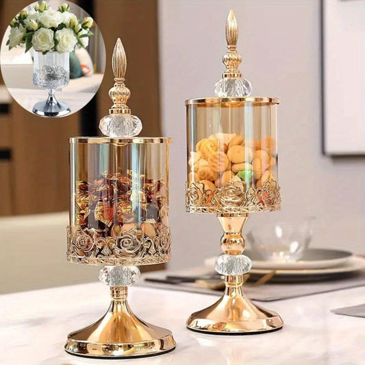 Vintage Glass Candy Jar with Lid – European Style Decorative Vase & Metal Art Storage Container for Living Room