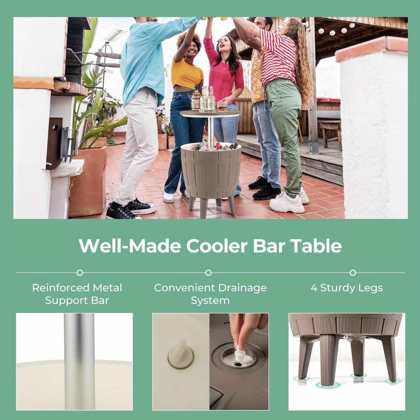 Outdoor Cooler Bar Table 3-in-1, 10 Gal Ice Bucket, Coffee Table & Serving Station, All-Weather PP